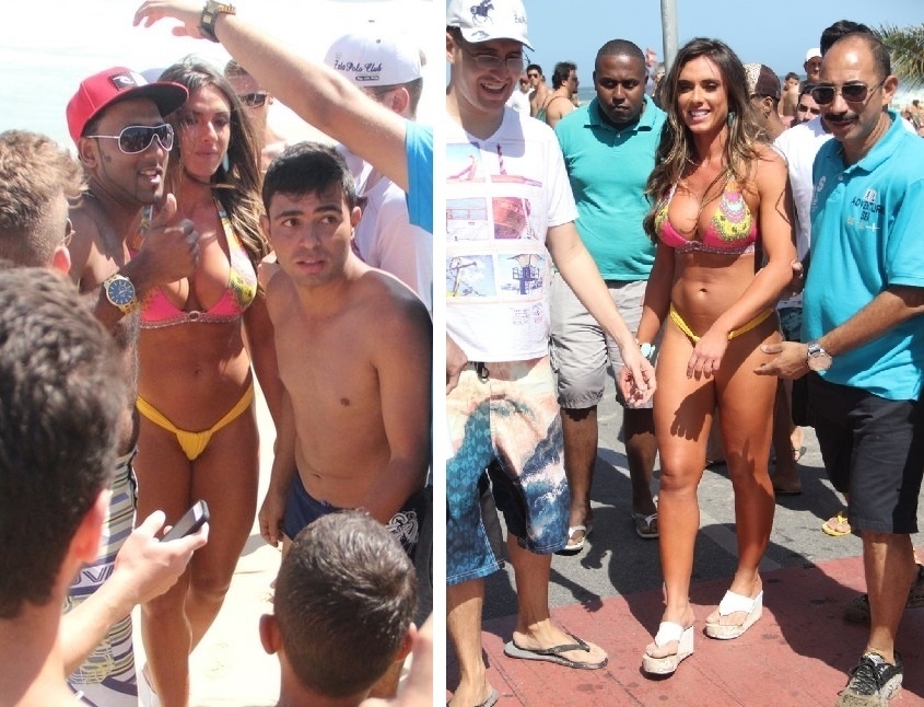 02.nov.2013 - Nicole Bahls faz sucesso ao caminhar de biquíni na Praia de Ipanema, na tarde deste domingo (2). A repórter do 