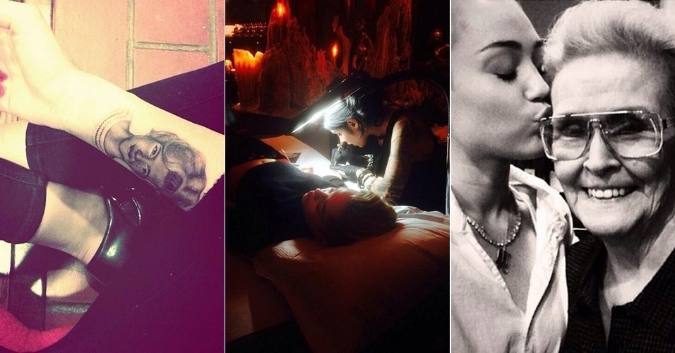 5.nov.2013 - Miley Cyrus faz tatuagem em homenagem à avó5.nov.2013 - Miley Cyrus faz tatuagem em homenagem à avó Loretta Finley. Ao compartilhar a imagem da tatuagem, ela escreveu "porque ela é a minha predileta e eu sou a dela". A cantora ainda compartilhou com seus seguidores do Twitter uma foto dela com a avó e outra enquanto fazia a tatuagem, com a tatuadora Kat Von D.