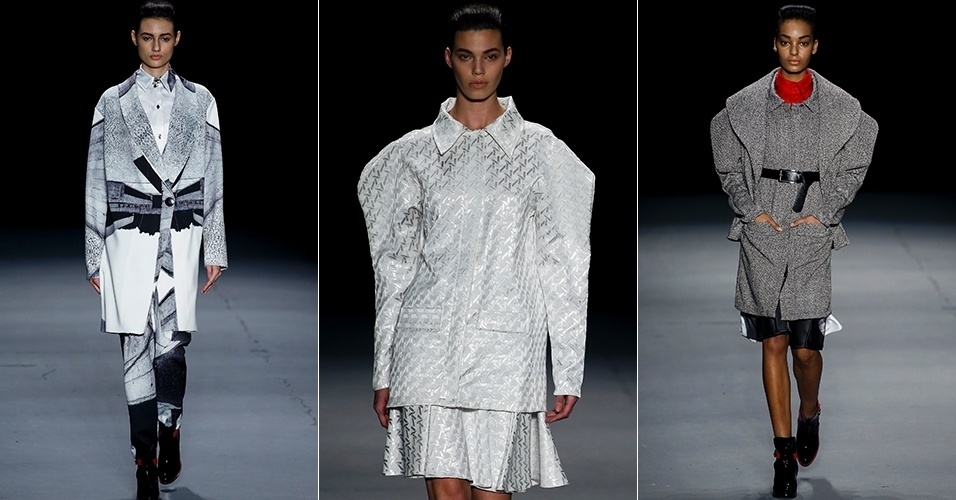 6 nov. 2013 - O trabalho do arquiteto Paulo Mendes da Rocha foi o ponto de partida para o Inverno 2014 da Alessa, que poupou na cartela de cores, dando destaque ao cinza. As obras do arquiteto apareceram de maneira mais literal na estamparia digital. As formas são amplas, principalmente na parte de cima, e dão destaque para as mangas arredondadas. Peças estruturadas surgem na união do neoprene e da alfaiataria - Alexandre Schneider/UOL