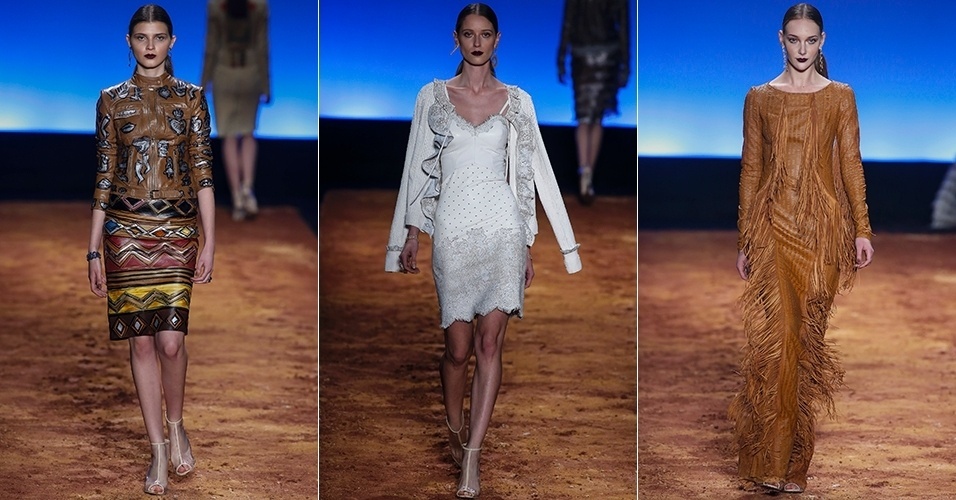 6 nov. 2013 - O toque étnico apareceu com timidez, apenas no segundo momento do desfile e em algumas peças que passaram pelas mãos do grafiteiro Bruno Bogossian e da artista Klaucia Badaró. Os vestidos inspirados nas camisolas rendadas também estiveram na coleção, em couro, nas mãos de Patrícia Viera - Alexandre Schneider/UOL