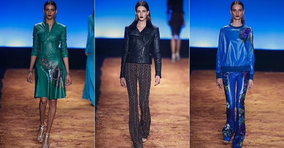 6 nov. 2013 - Peças-chave para o inverno estiveram presentes na passarela de Patrícia Viera, como as jaquetas perfecto e bomber e o moletom repaginado, aqui em couro. De olho na Copa do Mundo, a cartela de cores trabalhou cores do Brasil, com destaque para o verde e o azul - Alexandre Schneider/UOL