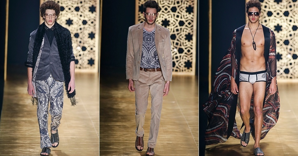 6 nov. 2013 - O estilista Victor Dzenk priorizou a alfaiataria e veludo para os homens. Entre as opções, também apareceram peças fluidas e cuecas - Alexandre Schneider/UOL