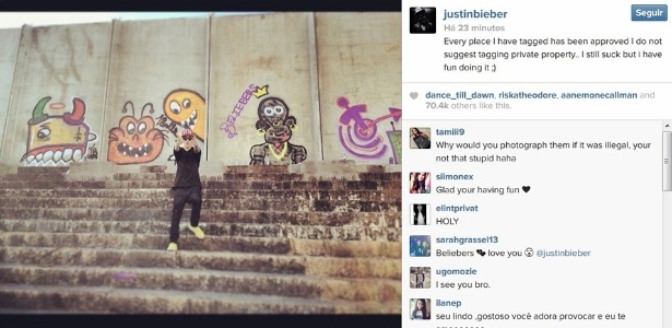 7.nov.2013 - Justin Bieber se defende de acusação de pichar um muro de um hotel no Rio de Janeiro