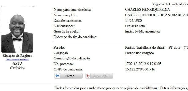 Registro de candidatura de Charles para vereador do Rio de Janeiro