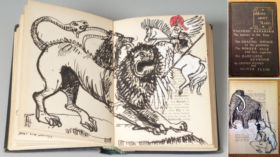 O ilustrador Oliver Flude acrescentou desenhos que contam histórias fantásticas em um livro do século 19 que explica o significado de nomes e títulos - Obra de Oliver Flude