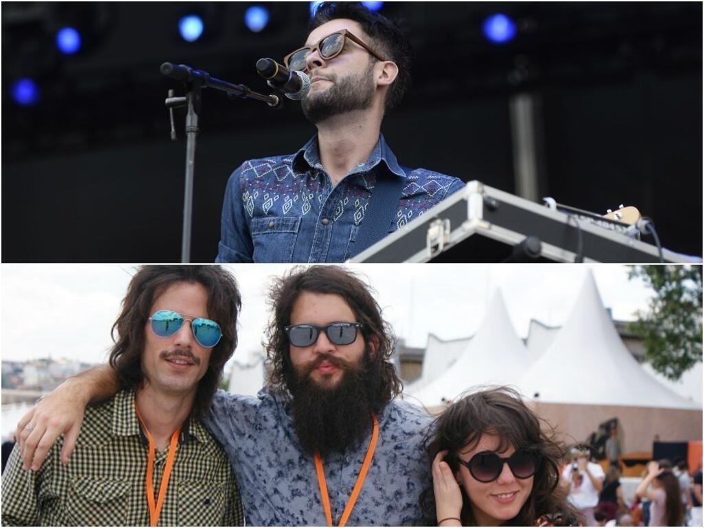9.nov.2013 - O vocalista João Lucas (centro) e o guitarrista Will (esq.), do trio capixaba The Muddy Brothers, assistem ao show da banda paulista Hatchets no palco principal do festival Planeta Terra 2013 - Reprodução/Twitter/planeta_terra