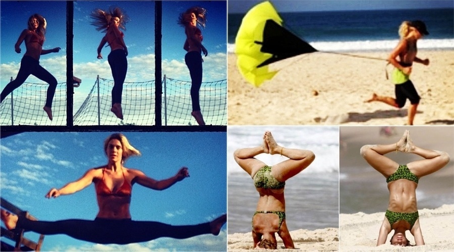 A atriz Carolina Dieckmann está sempre em movimento. Ela treina na areia fofa, faz ioga na praia e se exercita na cama elástica que mantém no quintal de sua casa