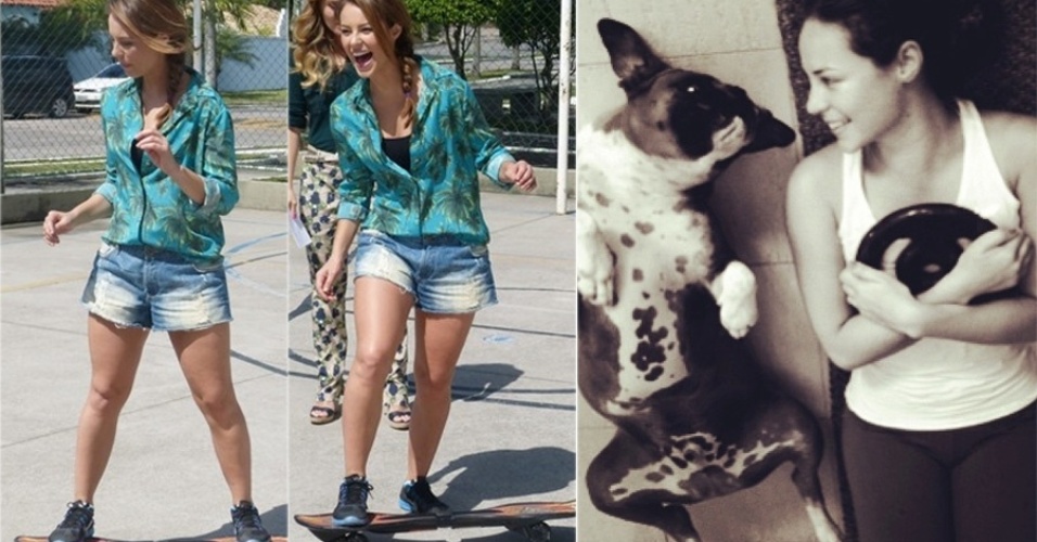 A atriz Paolla Oliveira experimenta andar de skate e se exercita em casa com aparelhos de ginástica