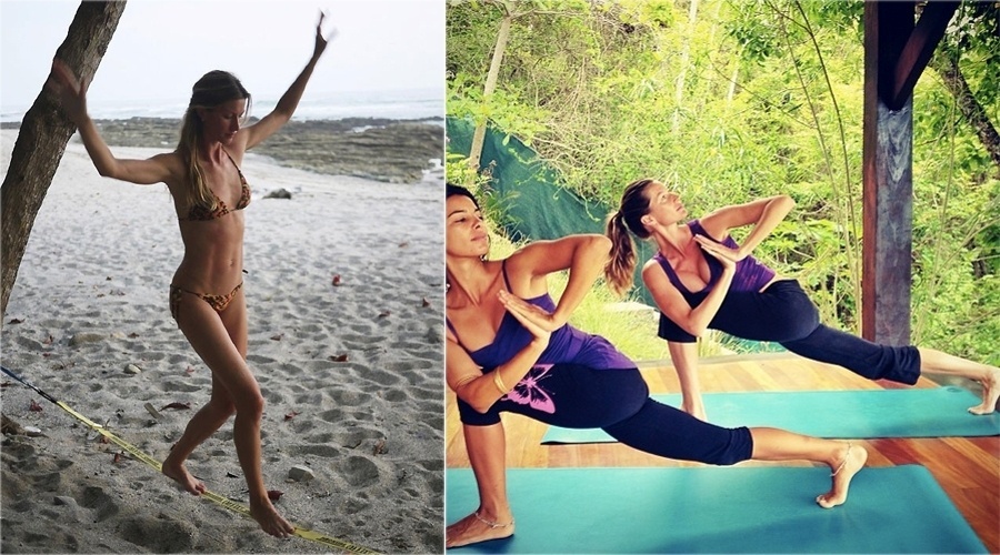 A top Gisele Bündchen treina o equilíbrio com o slackline e se dedica a aulas de ioga