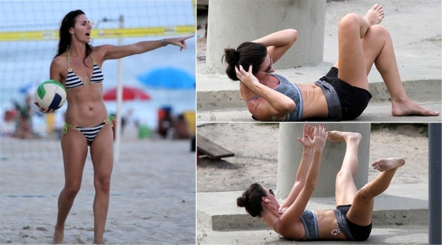 Ex-atleta, a apresentadora Glenda Kozlowski mantém a forma jogando vôlei e fazendo abdominais na praia