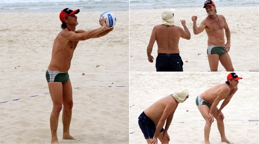 O ator Marcello Novaes joga vôlei na praia