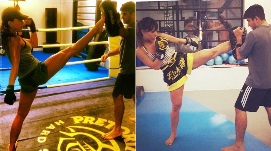Sabrina Sato treina golpes de muay thai com um personal trainer