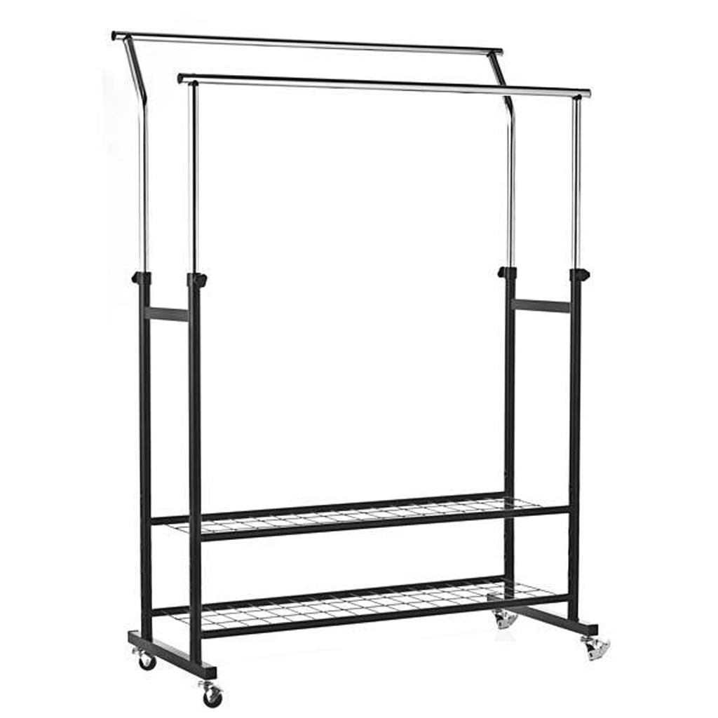 Essa arara em metal com acabamento preto é regulável e conta com rodas para transporte e uma sapateira embutida. Medindo 94 cm x 170 cm x 44 cm, está à venda por R$ 259,90 na Leroy Merlin (www.leroymerlin.com.br) - Divulgação