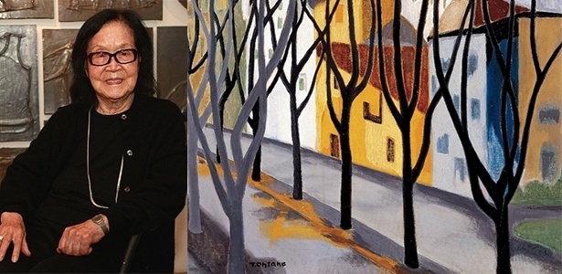 A artista plástica Tomie Ohtake e óleo sobre tela sem título (1953) - Zanone Fraissat/Folhapress