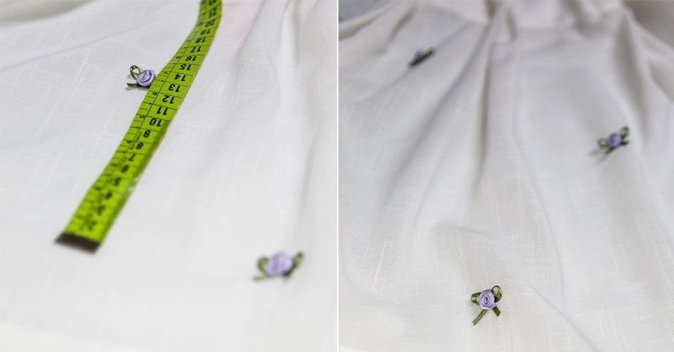 Nas outras carreiras de florzinhas, os apliques foram intercalados aos colocados anteriormente na cortina e a 14 centímetros acima deles. Mas, se você quiser fixar os detalhes de modo aleatório, também vale. No entanto, lembre-se de, antes de fixar com a cola quente, posicioná-los sobre o tecido para se certificar de que o resultado será a seu gosto - Leandro Moraes/UOL