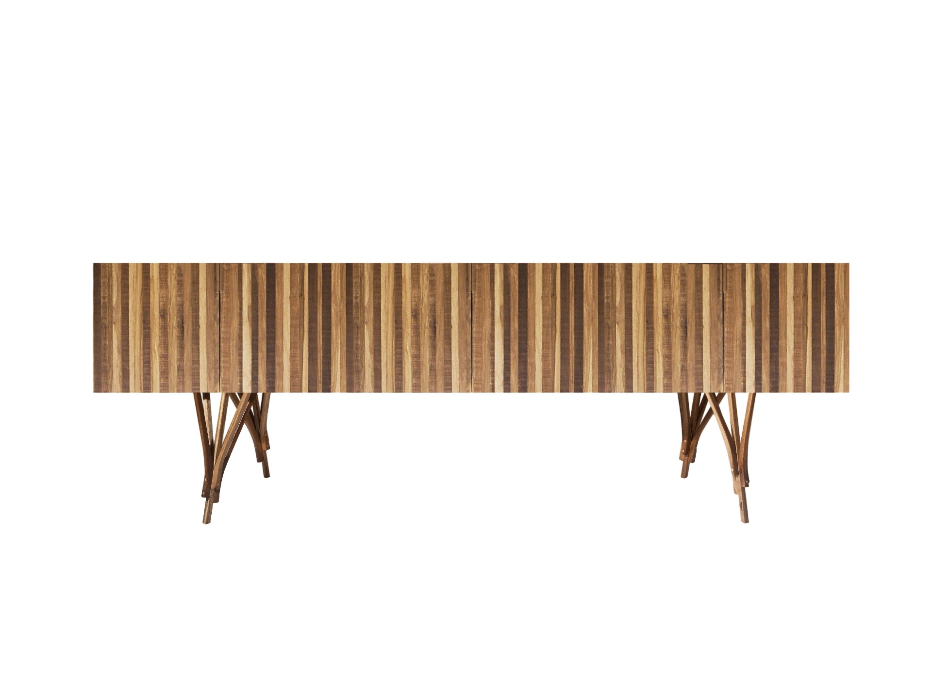 Buffet Guaimbê, criado por Paulo Alves + Marcenaria São Paulo, é feito de madeira e faz parte de uma linha que conta com dois tipos de mesa. O destaque da peça são os pés - Divulgação