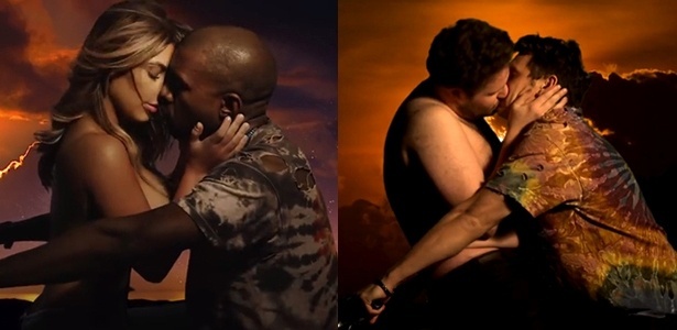 Seth Rogen e James Franco em cena da paródia do clipe de "Bound 2", de Kanye West com Kim Kardashian (esq.)
