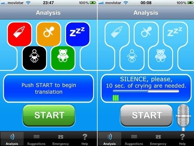 CRY TRANSLATOR - Esse aplicativo tem como objetivo ajudar a identificar o motivo do choro do bebê por meio do volume e tom, e sugerir dicas para acalmá-lo. O Cry Translator se baseia em cinco causas principais: fome, sono, estresse, irritação e tédio. Disponível por $4,99 na Apple Store - Divulgação