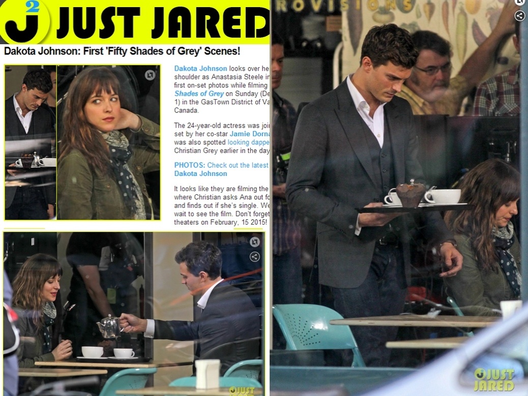2.dez.2013 - Dakota Johnson e Jamie Dornan foram flagrados no primeiro dia de filmagem de "Cinquenta Tons de Cinza" - Reprodução