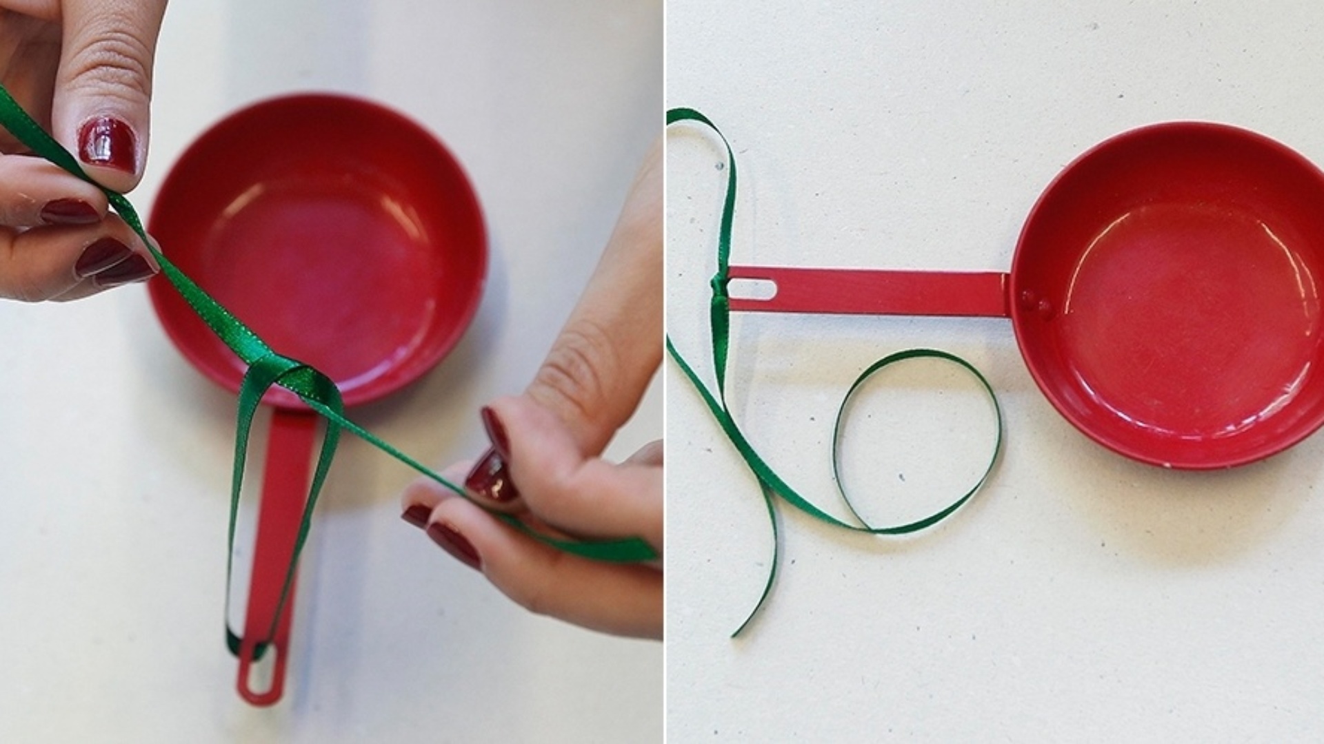 Corte cerca de 40 cm de fita de cetim, passe pelo furo e dê dois nós. Assim, o brinquedo estará pronto para ser pendurado na árvore de Natal - Reinaldo Canato/UOL