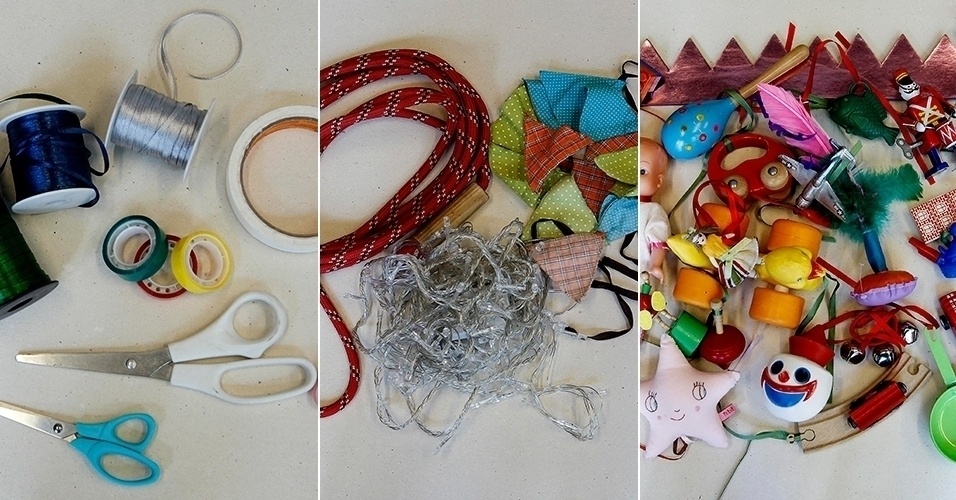 Para preparar os brinquedos para serem pendurados na árvore de Natal, você vai precisar de tesoura, fita adesiva, fita de cetim e fita crepe. Janaina usou uma corda, pisca pisca na cor branca (para não misturar com as cores dos brinquedos) e bandeirinhas de decoração, que fazem parte do quarto do filho Joaquin, para envolver a árvore - Reinaldo Canato/UOL