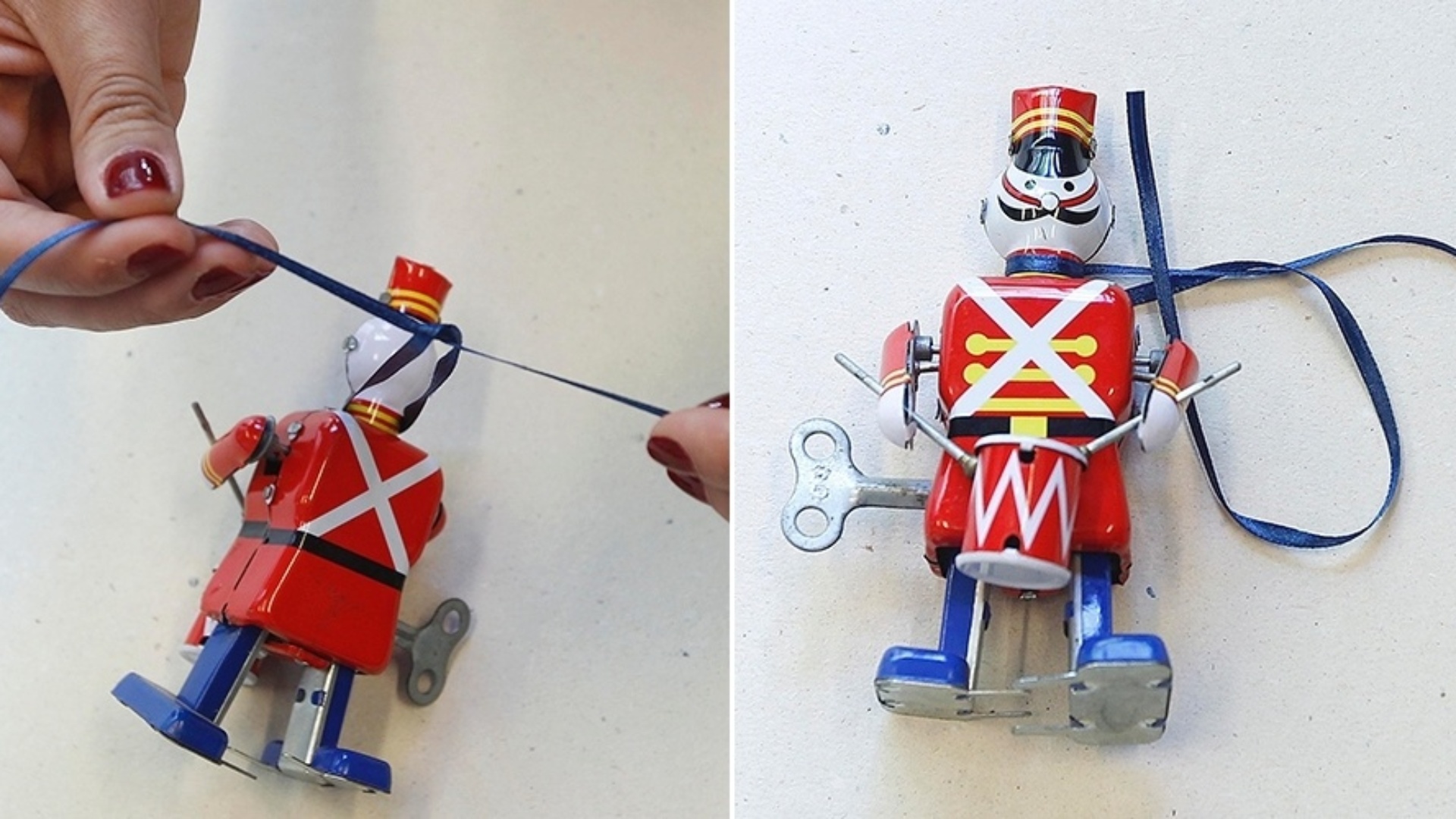 Preste atenção no peso do brinquedo e amarre a fita na extremidade que não vai deixá-lo tombado na árvore. Com o soldadinho de corda, Janaina colocou a fita no pescoço para que ele fique firme, já que se passasse no braço, por exemplo, ele ficaria torto ao ser pendurado - Reinaldo Canato/UOL