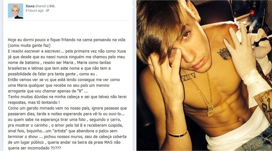 11.nov.2013 - Xuxa desabafa sobre Justin Bieber no Facebbok
