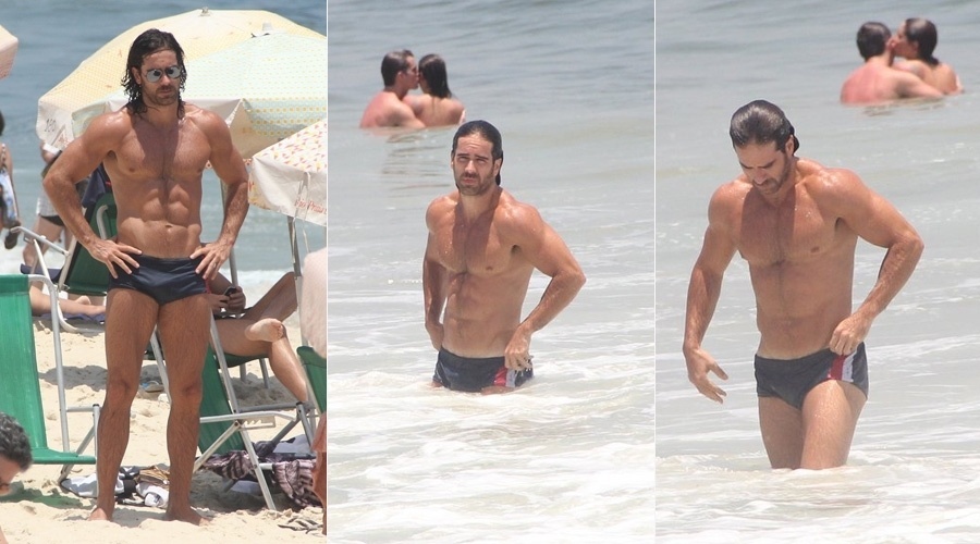5.dez.2013 - Marcos Pitombo aproveitou folga nas gravações de "Pecado Mortal" para curtir praia no Leblon, zona sul do Rio