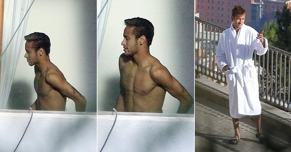 4.dez.2013 - Neymar aparece sem camisa durante gravação de comercial em Barcelona, na Espanha. O jogador de futebol foi flagrado com o peito nu em um apartamento usado pela produção do comercial. Ele também foi visto andando no set e filmagens à vontade em um roupão