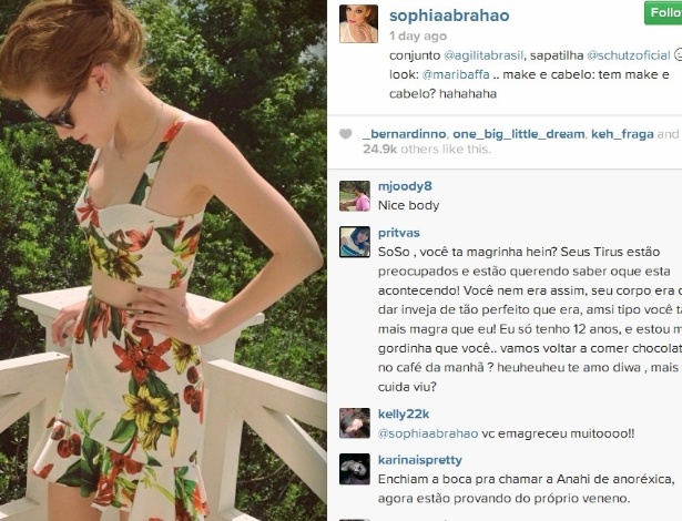 09.dez.2013- No Instagram, fãs pedem para Sophia Abrahão engordar pois está muito magra