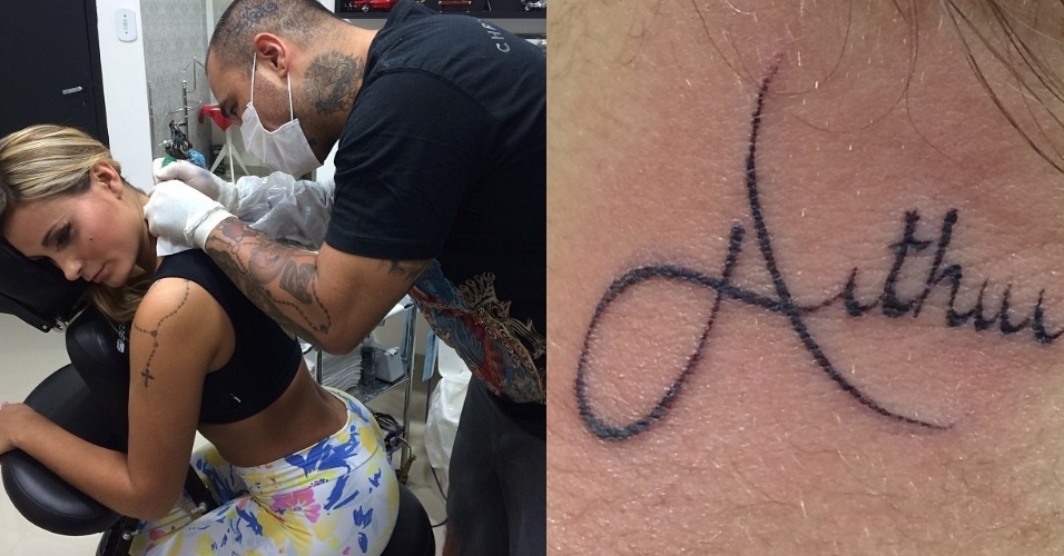 9.dez.2013- Andressa Urach tatua nome do filho nas costas. 