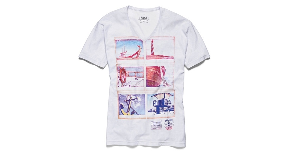 Camiseta branca com estampa náutica; R$ 19,99, na Leader (SAC 4002-3111). Preço pesquisado em dezembro de 2013 e sujeito a alteração - Divulgação