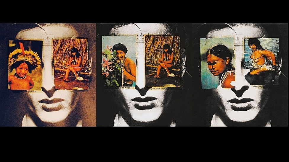 Entre os vários brasileiros participantes da mostra está Ana Bella Geiger, com a série 'História do Brasil - Little Boys & Girls', de 1975, cartões postais colocados sobre uma foto. O objetivo é revelar os clichês e contradições associados com uma região tão vasta e diversa - ©Ana Bella Geiger/Coleção da artista, cortesia de Henrique Faria Fine Artes, Nova York