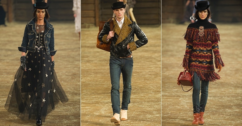 O jeans, símbolo da moda country, esteve presente em diversas sugestões de looks, tanto para homens quanto para mulheres - Getty Images