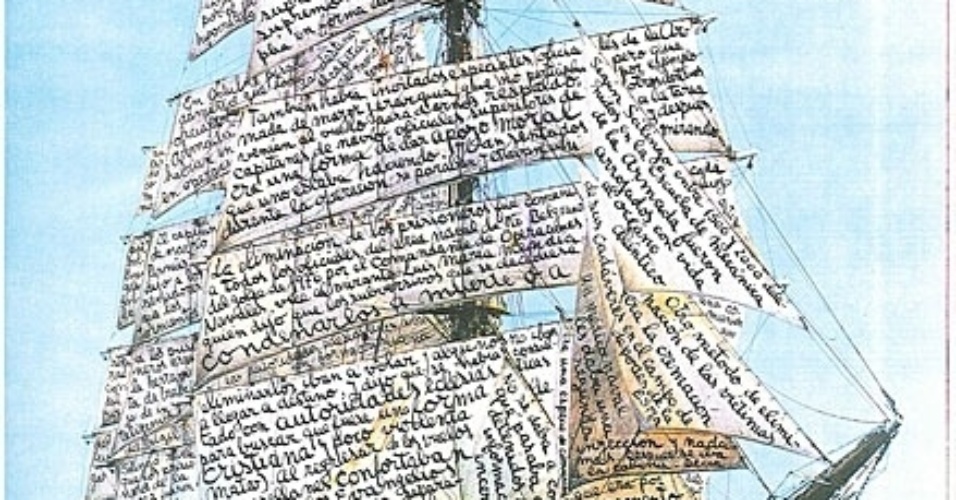 Obra do argentino León Ferrari, da série 'Nunca Más', de 1995, feita com textos escritos à mão em uma fotocópia.  -  ©León Ferrari/Coleção Alicia e León Ferrari/Cortesia da Fundação Augusto e León Ferrari Arte e Acervo