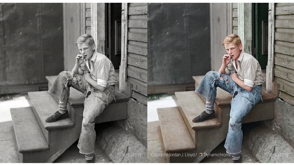 Lloyd conta com a experiência no campo da fotografia de arquitetura. Ele se dedicou a colorir imagens antigas há pouco mais de um ano. Em entrevista à BBC Mundo, ele disse que começou quando atendeu ao pedido de colorir uma foto de família - Foto preto e branco de 1938, por John Vachon, cortesia de Shorpy.com / Foto colorida: Jordan J. Lloyd / Dynamichrome