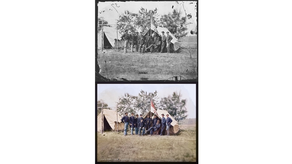 Uma vez que a cor é aplicada, são usadas várias técnicas para que o fundo da imagem se misture com os elementos coloridos e, dependendo da complexidade da foto, o processo pode levar uma semana - Foto preto e branco de 1862 por Mathew Brady, cortesia dos Arquivos Nacionais dos EUA / Foto coloridas: Jordan J. Lloyd / Dynamichrome