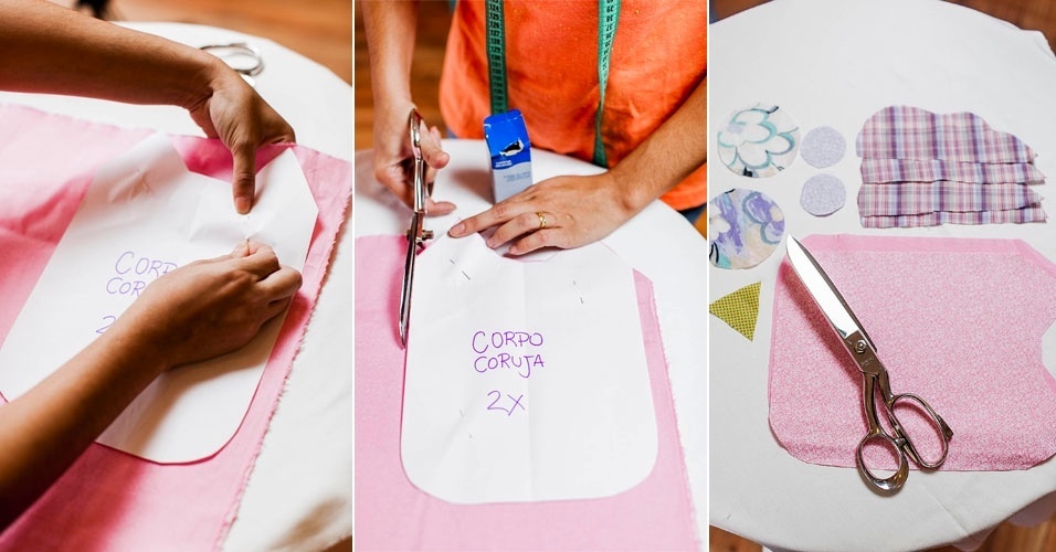 Com alfinetes, prenda os moldes da almofada de coruja, feitos anteriormente, nos tecidos escolhidos. Para os olhos, serão tiradas duas peças da circunferência maior e duas da menor. São quatro asas, um bico e duas partes para o corpinho - Leonardo Soares/UOL