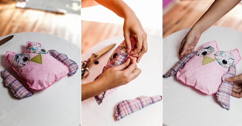 Com a mesma linha escolhida para costurar as asas da coruja, fixe-as no corpo da almofada - Leonardo Soares/UOL