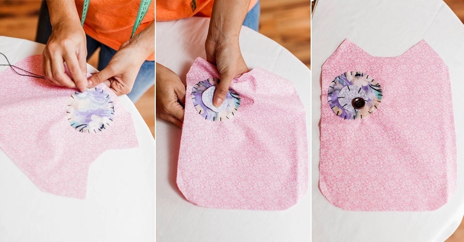 Inicie a confecção da almofada de coruja costurando, no corpo da ave, os círculos maiores do olho. Depois, costure os menores e, por fim, dentro de cada um dos menores, fixe um botão. Fixe também o bico - Leonardo Soares/UOL