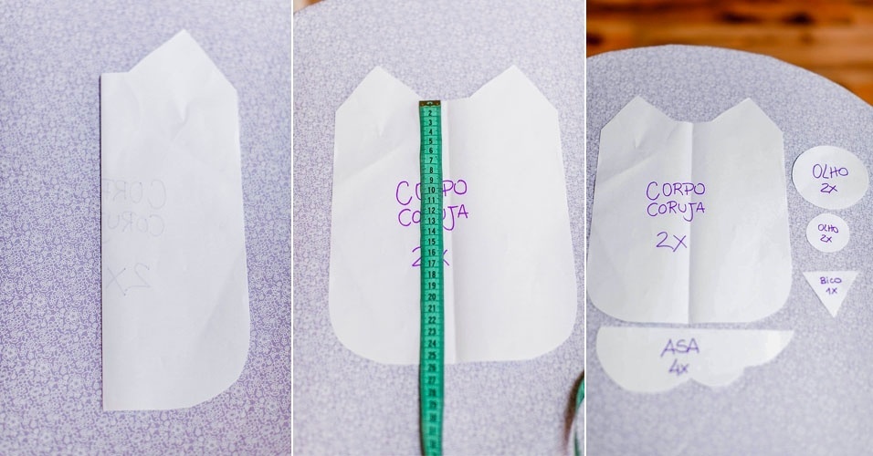 O primeiro passo para confeccionar a almofada de coruja é fazer os moldes com papel sulfite. Em uma folha dobrada ao meio, faça o desenho do corpo da ave, usando a altura e a largura do papel como limites. Depois, faça os moldes das asas, dos olhos e do bico. As medidas ficaram assim: corpo com 25 cm de altura 21 cm de largura. As circunferências maiores dos olhos têm 8,50 cm de diâmetro. As menores têm 4,50 cm. As laterais do bico têm 5,50 cm e a asa, 9 cm de comprimento - Leonardo Soares/UOL