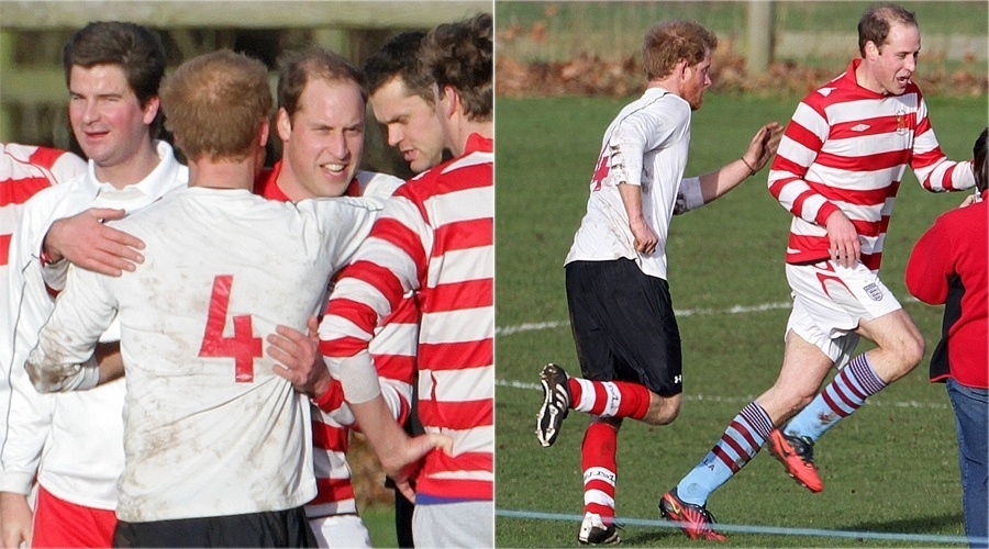 24.dez.2013 -  Os príncipes William e Harry disputam um jogo de futebol em Sandringham, na Inglaterra