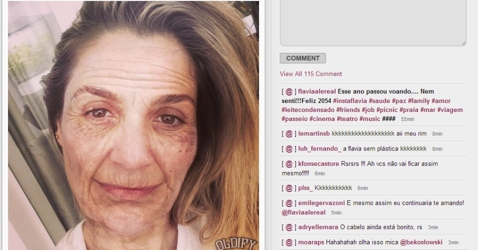 31.dez.2013: Flávia Alessandra, de 39 anos, brinca com aplicativo e envelhece 40 anos. "Feliz 2054", deseja a atriz em seu Instagram