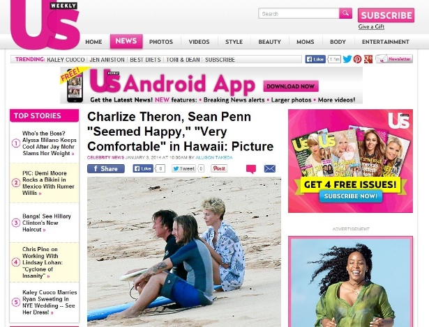 Charlize Theron e Sean Penn foram fotografados juntos em praia do Havaí