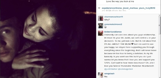Justin Bieber publica foto dele e Selena Gomez abraçados