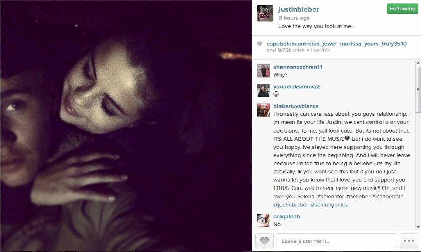 4.jan.2014 - Justin Bieber publica foto dele e Selena Gomez abraçados