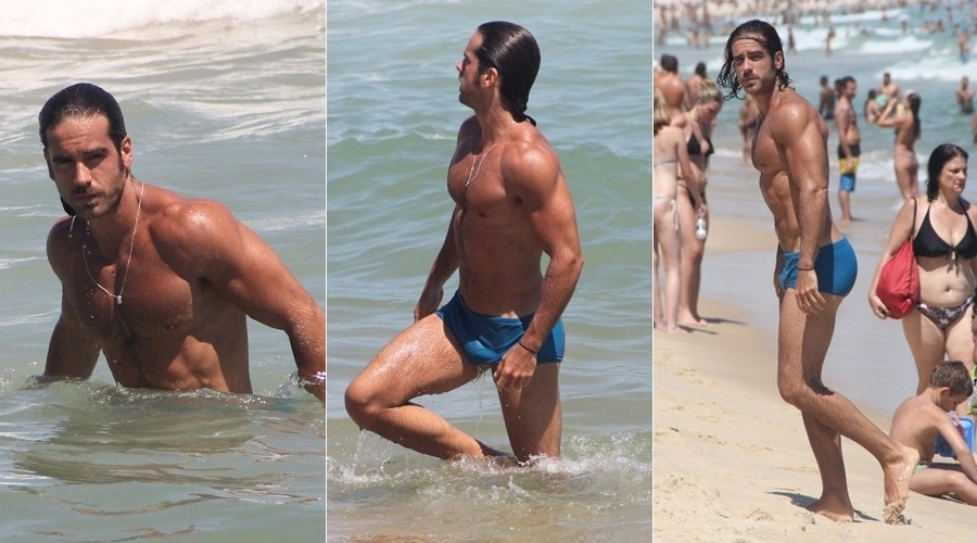 9.jan.2013 - Marcos Pitombo curtiu praia no Leblon, zona sul do Rio. O ator de "Pecado Mortal" exibiu a barriga sarada