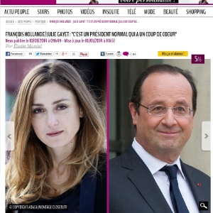 Site da revista "Closer" com Julie Gayet e François Hollande, cuja reportagem afirma que existe um "affaire" entre o presidente e a atriz