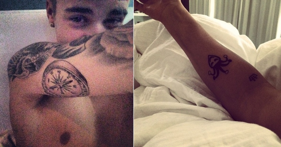 12.jan.2014 - Justin Bieber faz mais duas tatuagens. Neste domingo (12). o cantor canadense compartilhou em seu perfil oficial no Instagram fotos dos dois novos desenhos que fez no braço direito, uma bússola e um coringa. Apesar de ter apenas 19 anos, o ídolo adolescente já possui 22 tatuagens espalhadas pelo corpo