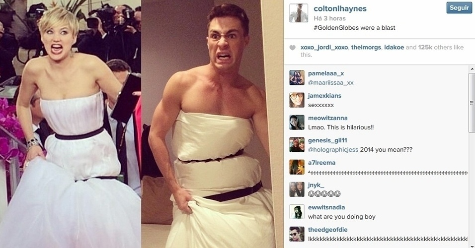 12.jan.2014 - O ator Colton Haynes, da série "Arrow", posta em seu Instagram uma comparação entre Jennifer Lawrence e uma foto sua enrolado em um edredom amarrado por duas fitas pretas. Ele imitou até a careta da atriz